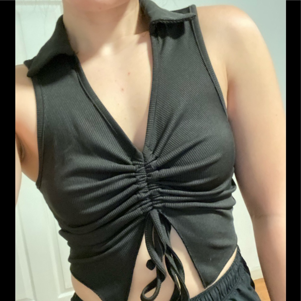 Drawstring Front Rib-Knit Tank Top